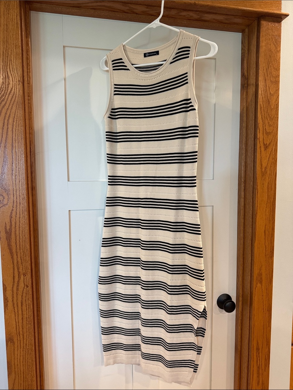 Sleeveless Knit Midi Dress by Unknown Brand - Cream with Black Stripes